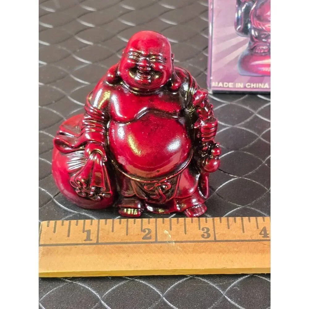 Red Resin Laughing Buddha Luck Happy Figurines Vintage 2.5